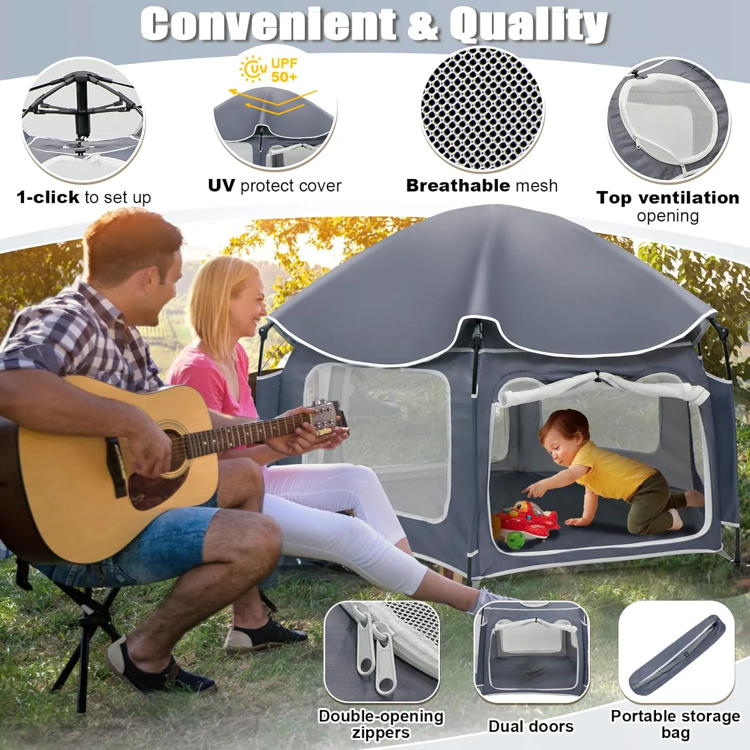 Baby Playpen with UV Canopy, Portable 1-Click Set Up Baby Tent, Toddler Play Yard for Indoor, Outdoor, Foldable Playpen for Beach, Camping, Home, Lightweight Versatile Kids Tent, with Travel Bag