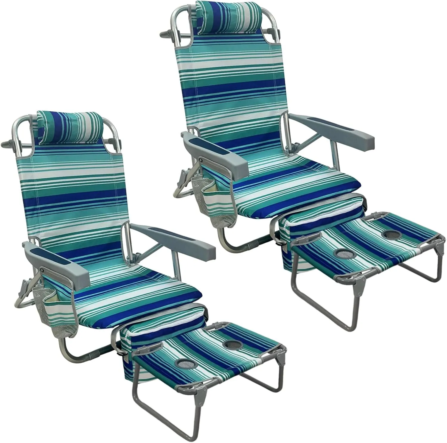 Backpack Beach Chair Aluminum 2 Pack with Folding Camping Table 5-Position Lay Flat Lounge Chair Outdoor for Adults with Insulated Cooler Bag and Cup Holder