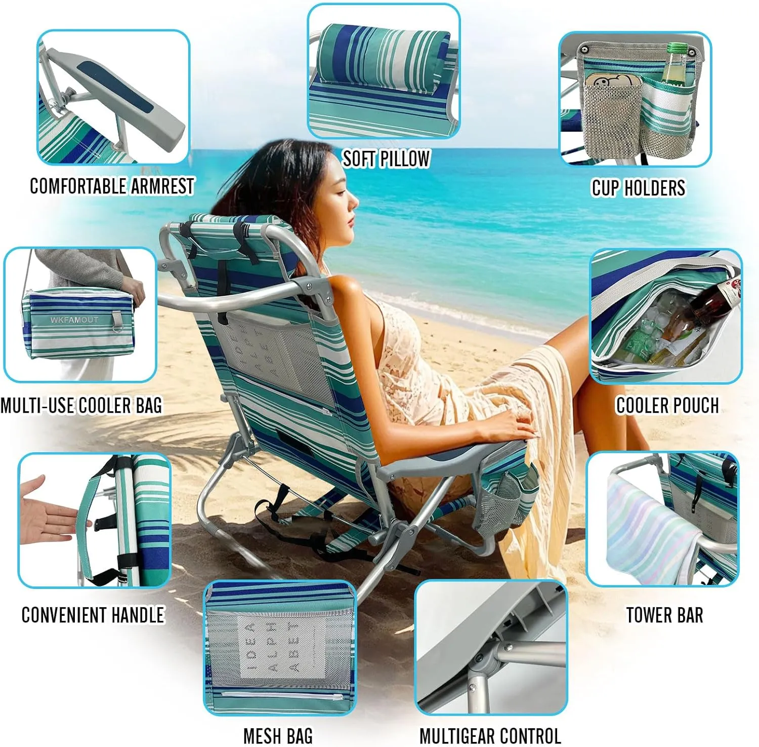 Backpack Beach Chair Aluminum with Folding Camping Table 5-Position Lay Flat Lounge Chair Outdoor for Adults with Insulated Cooler Bag and Cup Holder