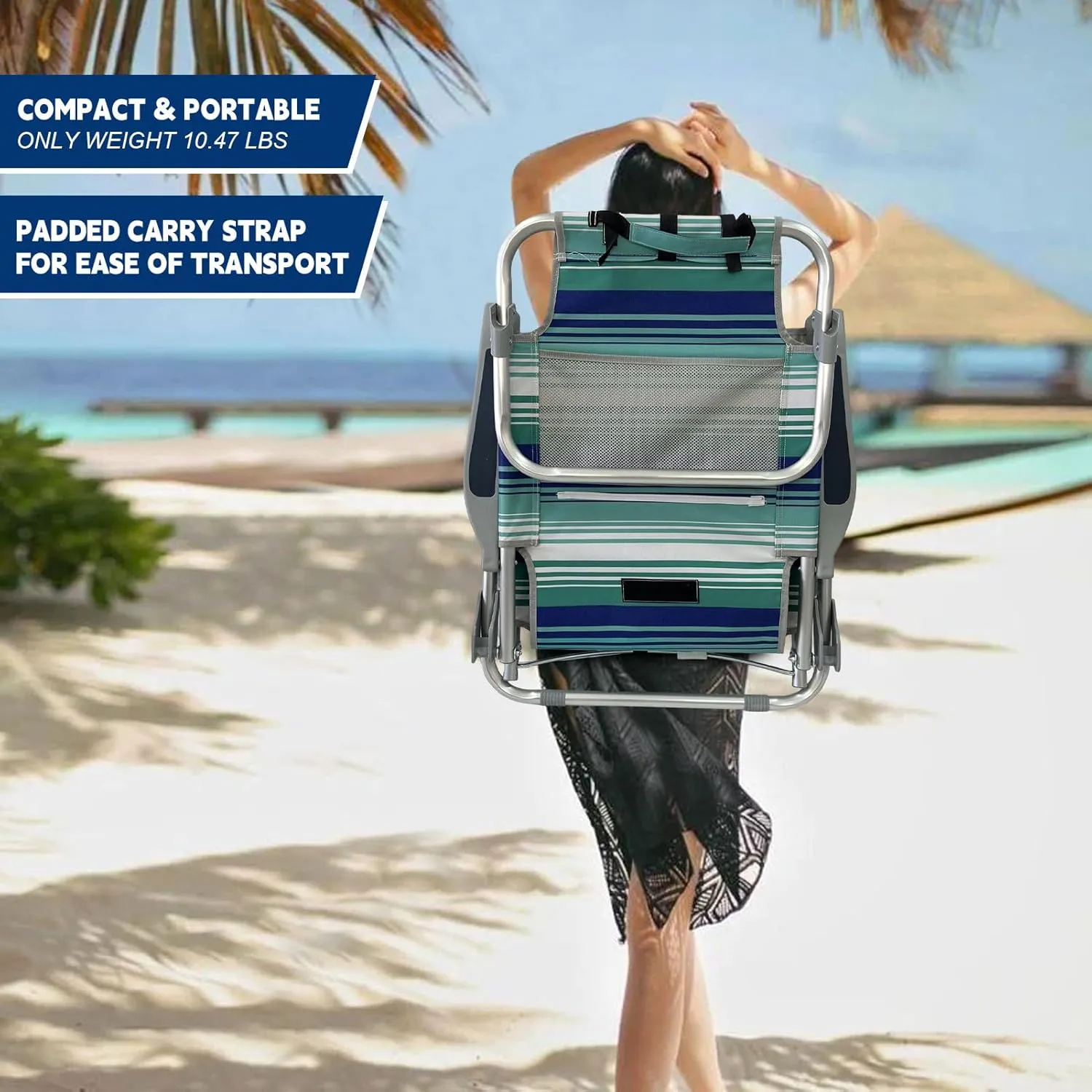 Backpack Beach Chair Aluminum with Folding Camping Table 5-Position Lay Flat Lounge Chair Outdoor for Adults with Insulated Cooler Bag and Cup Holder