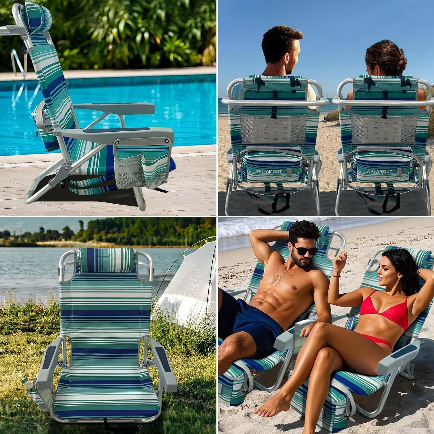 Backpack Beach Chair Aluminum with Folding Camping Table 5-Position Lay Flat Lounge Chair Outdoor for Adults with Insulated Cooler Bag and Cup Holder