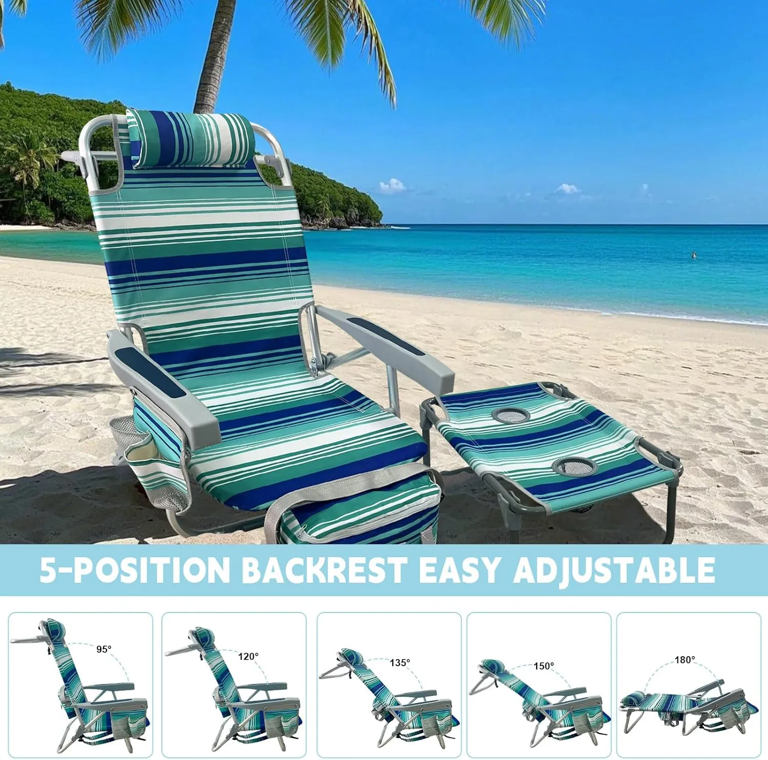 Backpack Beach Chair Aluminum with Folding Camping Table 5-Position Lay Flat Lounge Chair Outdoor for Adults with Insulated Cooler Bag and Cup Holder