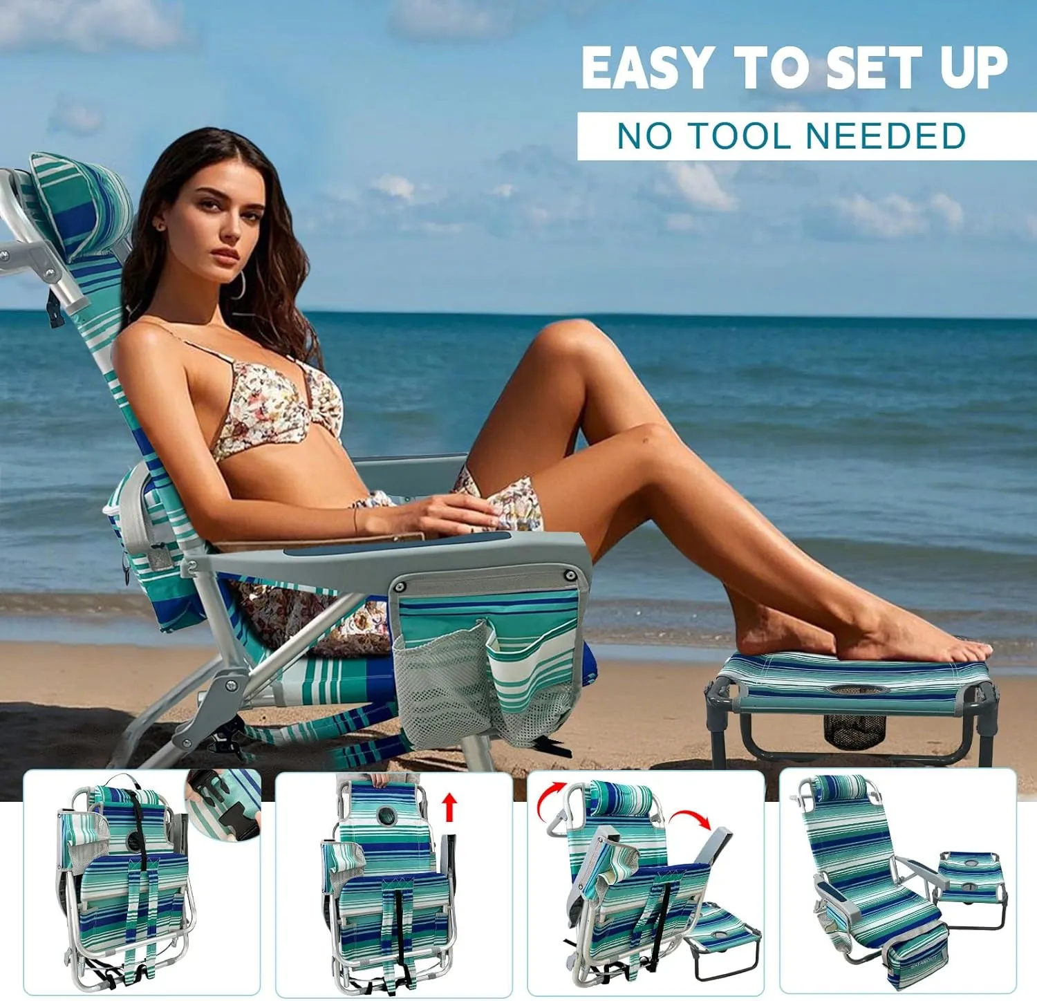 Backpack Beach Chair Aluminum with Folding Camping Table 5-Position Lay Flat Lounge Chair Outdoor for Adults with Insulated Cooler Bag and Cup Holder