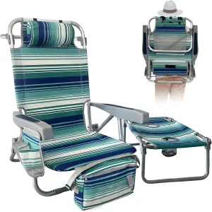Backpack Beach Chair Aluminum with Folding Camping Table 5-Position Lay Flat Lounge Chair Outdoor for Adults with Insulated Cooler Bag and Cup Holder