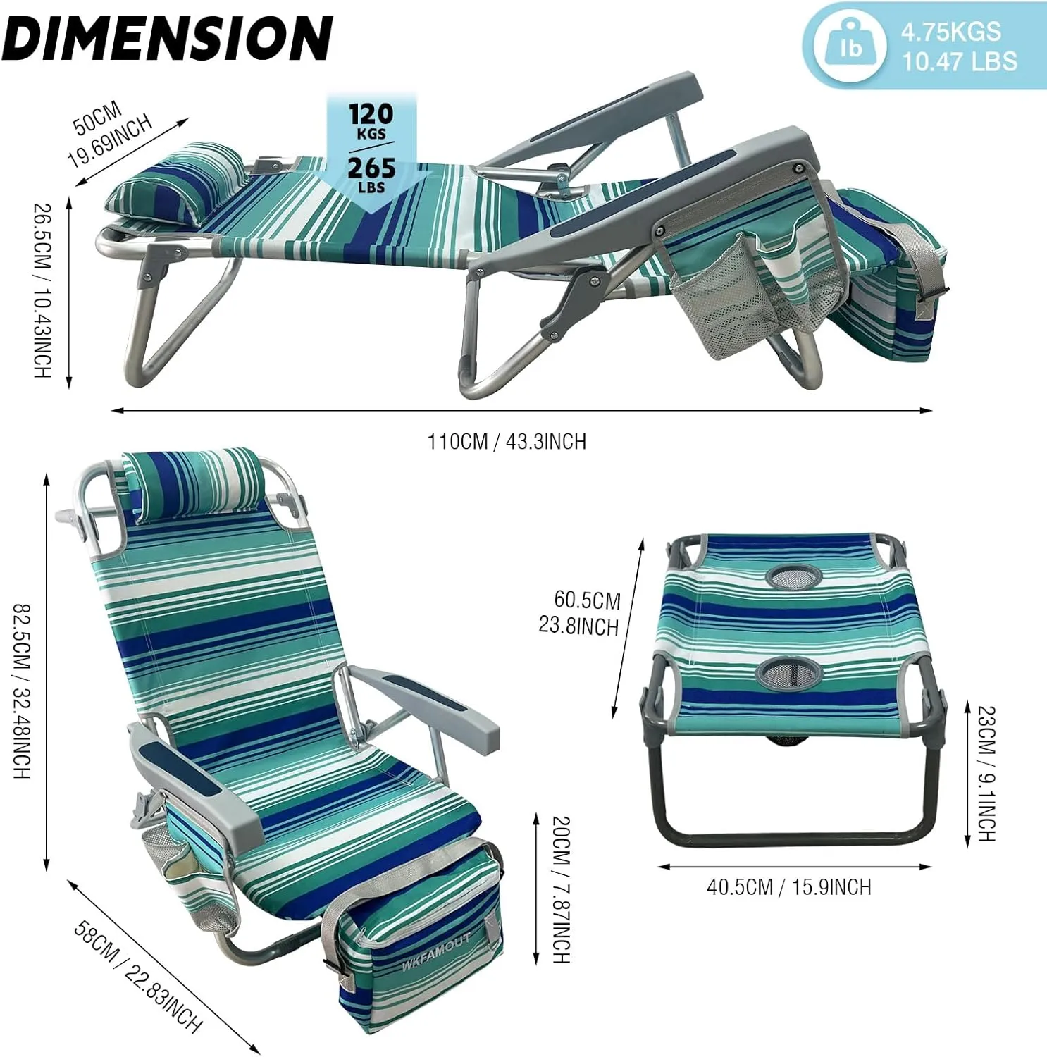 Backpack Beach Chair Aluminum with Folding Camping Table 5-Position Lay Flat Lounge Chair Outdoor for Adults with Insulated Cooler Bag and Cup Holder