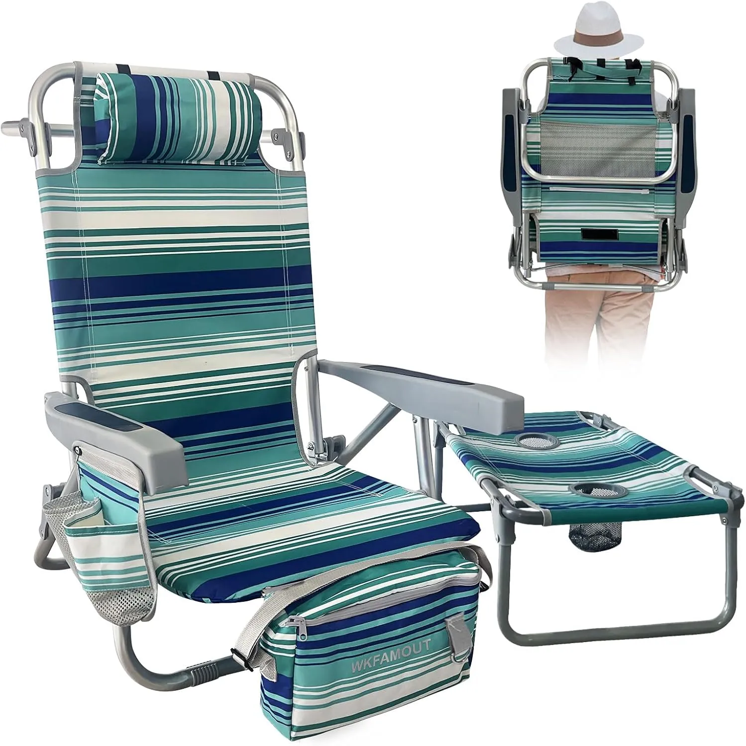 Backpack Beach Chair Aluminum with Folding Camping Table 5-Position Lay Flat Lounge Chair Outdoor for Adults with Insulated Cooler Bag and Cup Holder