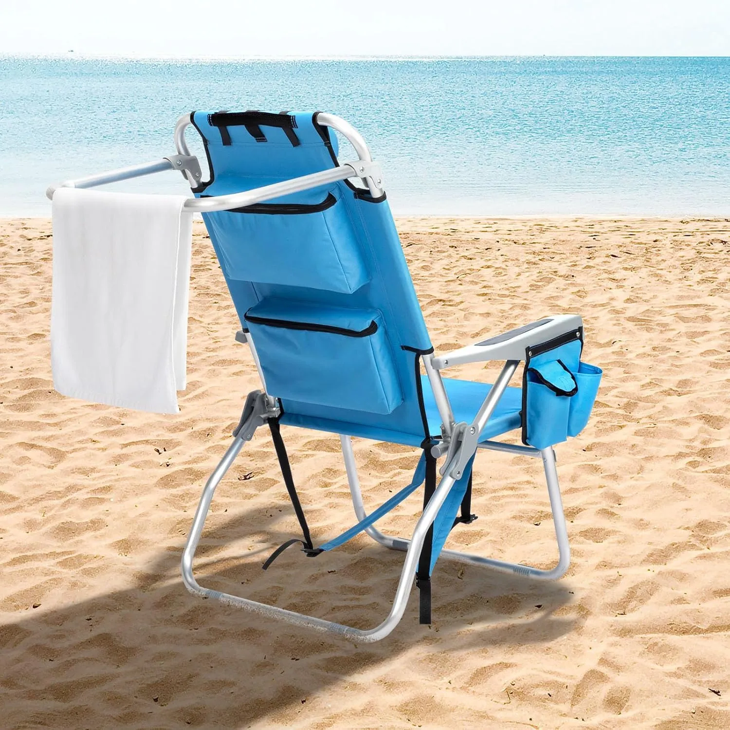 Backpack Beach Chair with Towel Bar,Cooler and Storage Pouch,5-Position Adjustable High Beach Chairs for Adults,Lightweight Folding Camping Lawn Chairs with Cup Holder,Portable Lay Flat Outdoor Chair