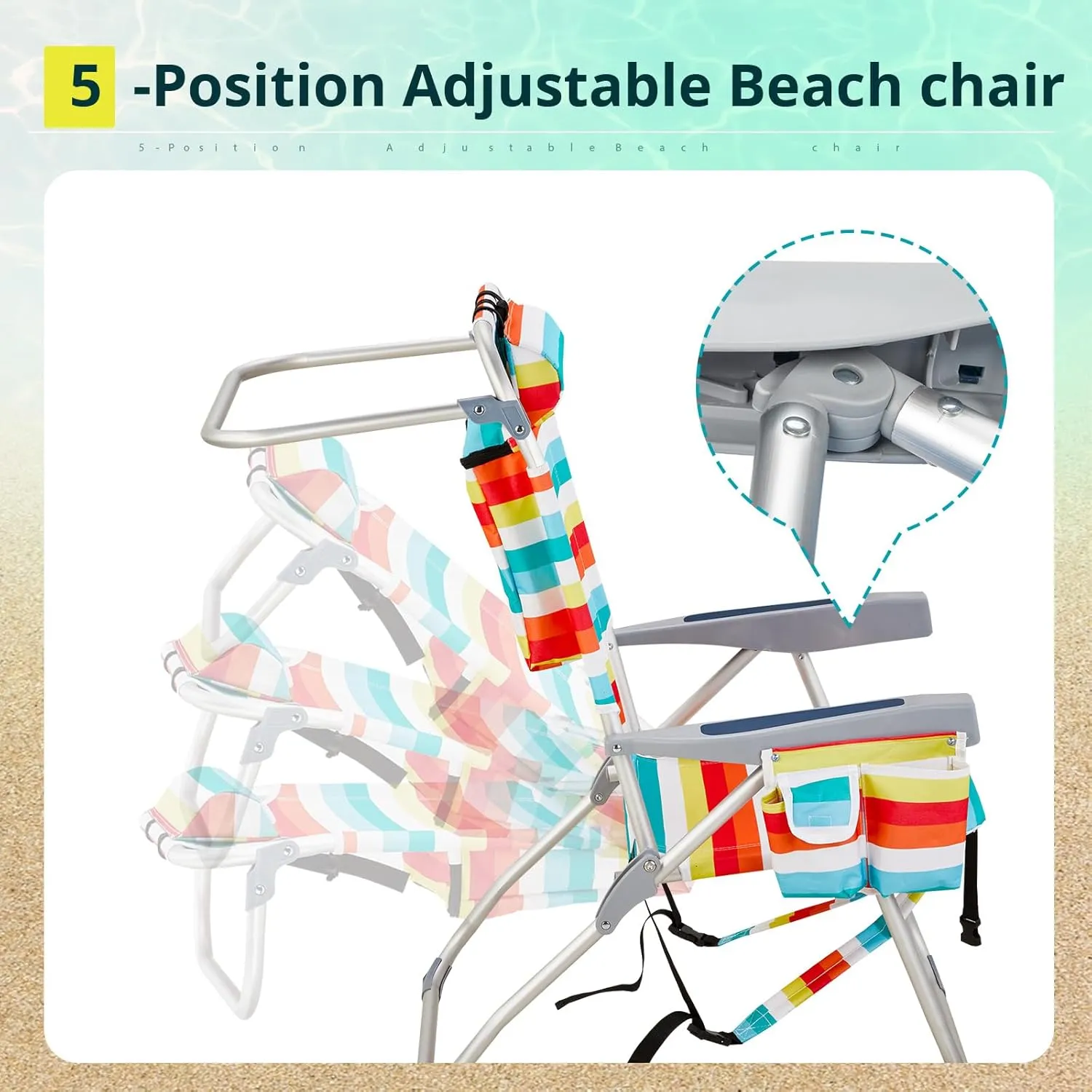 Backpack Beach Chairs Low 5 Position Beach Chair with Pouch Straps Folding Lightweight Reclining Aluminum Lay Flat Single (Rainbow Stripes, High)
