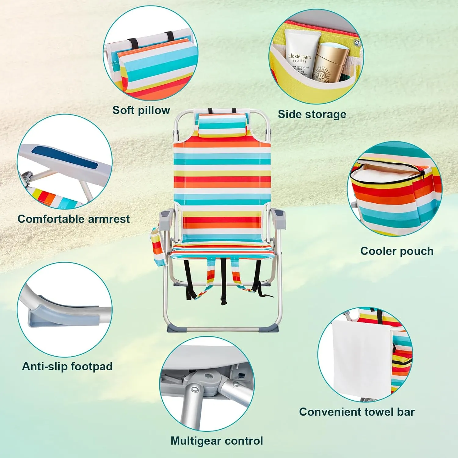 Backpack Beach Chairs Low 5 Position Beach Chair with Pouch Straps Folding Lightweight Reclining Aluminum Lay Flat Single (Rainbow Stripes, High)