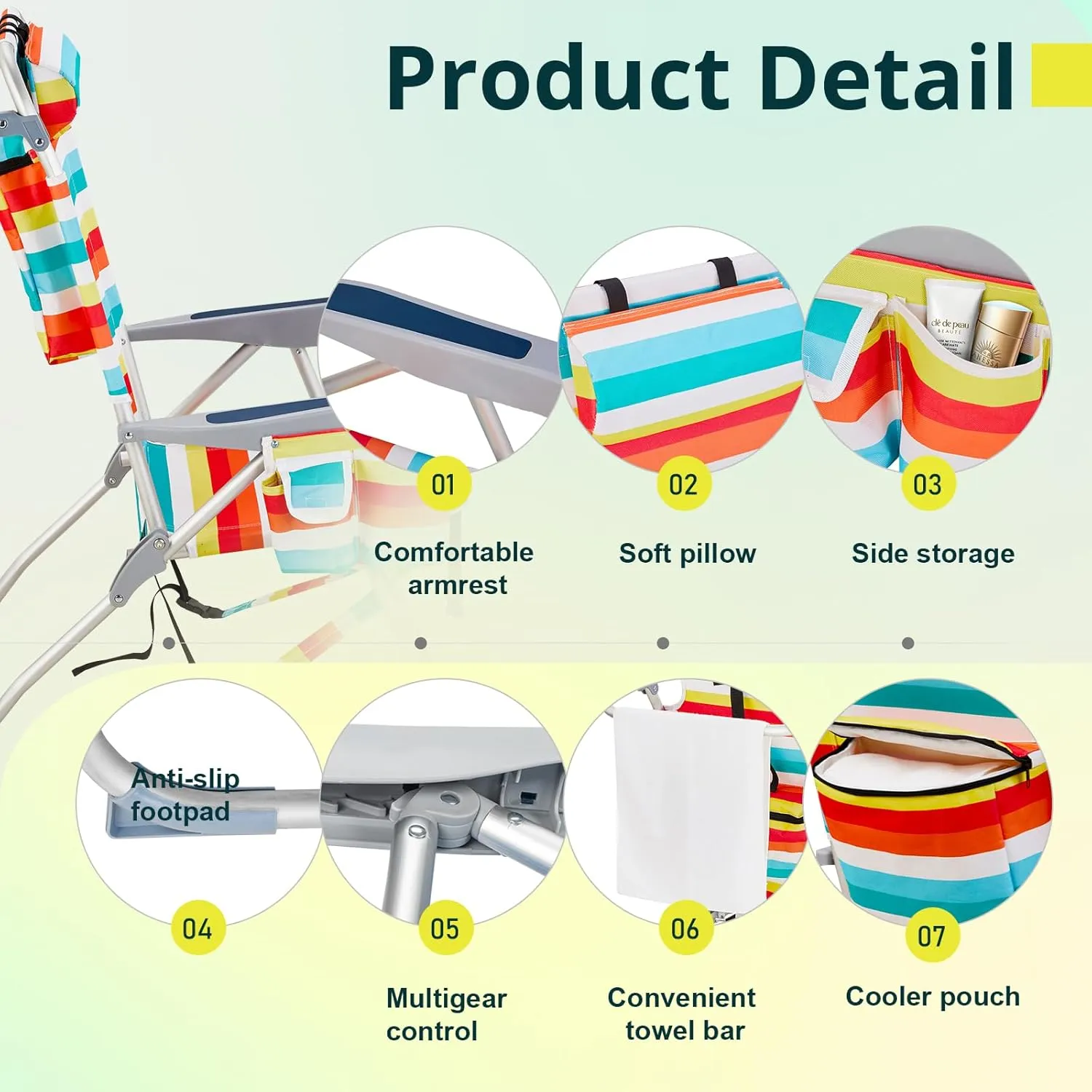 Backpack Beach Chairs Low 5 Position Beach Chair with Pouch Straps Folding Lightweight Reclining Aluminum Lay Flat Single (Rainbow Stripes, High)
