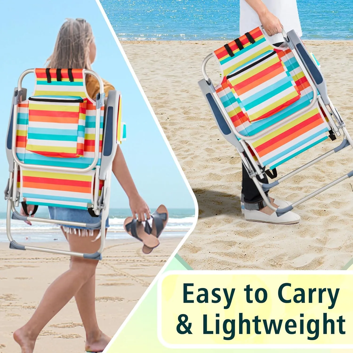 Backpack Beach Chairs Low 5 Position Beach Chair with Pouch Straps Folding Lightweight Reclining Aluminum Lay Flat Single (Rainbow Stripes, High)