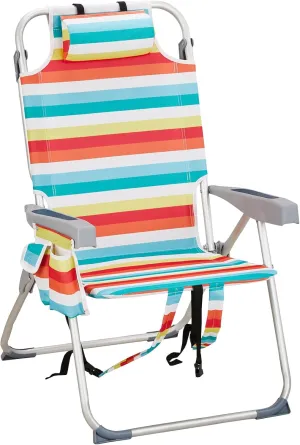 Backpack Beach Chairs Low 5 Position Beach Chair with Pouch Straps Folding Lightweight Reclining Aluminum Lay Flat Single (Rainbow Stripes, High)