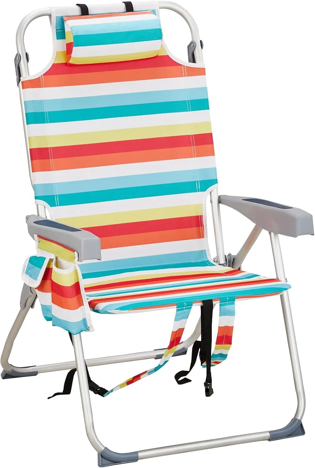 Backpack Beach Chairs Low 5 Position Beach Chair with Pouch Straps Folding Lightweight Reclining Aluminum Lay Flat Single (Rainbow Stripes, High)