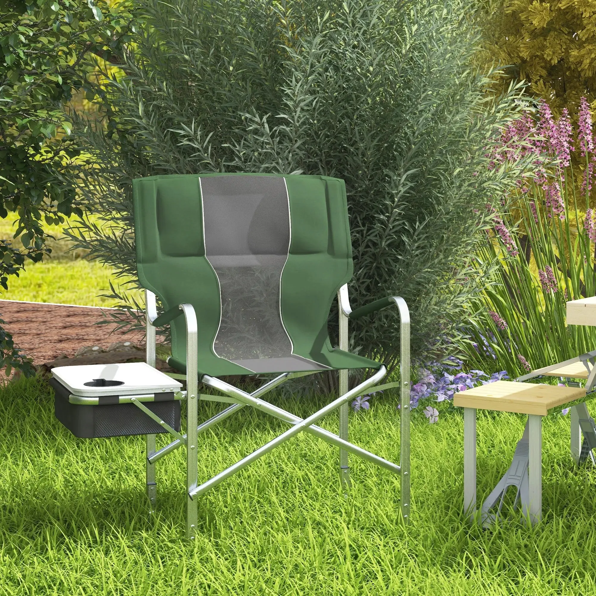 Bag - Aluminium Fast shipping Outsunny Chair, Camping Table Folding With Ergonomic Cooler Green