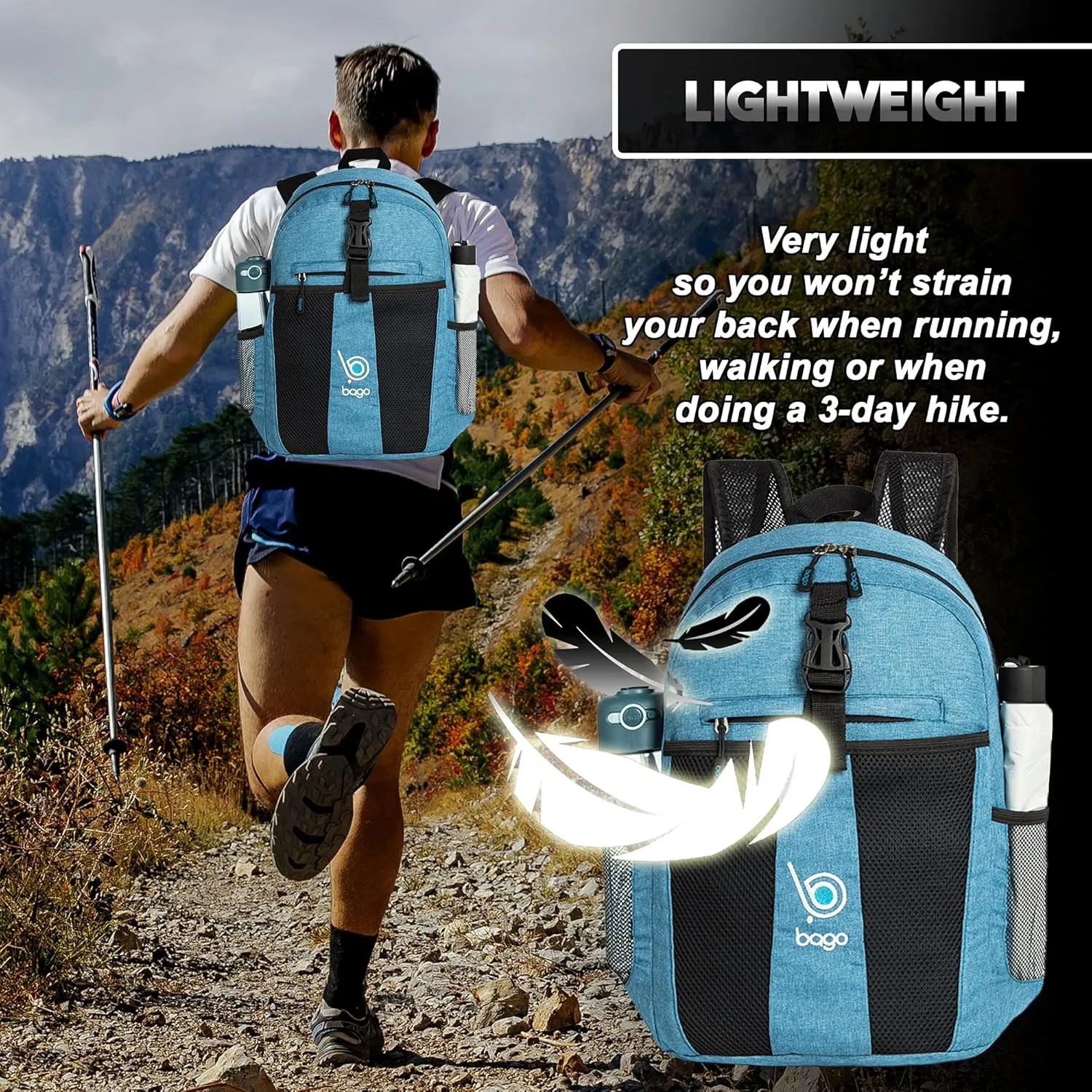 bago Lightweight Small Hiking Backpack for Women and Men - 25L Travel Day Pack - Foldable Hiking Daypack Ultralight for Camping Outdoor Sports - Day Bag Packable Backpack for Travel (SnowBlue)