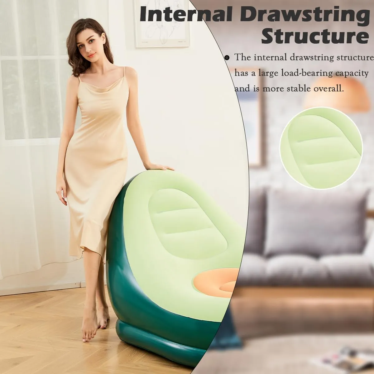 Baiao Inflatable Lounge Chair for Adults, Folding Portable Lazy Sofa with Foot Stool Flocking Recliner Chair Air Couch Sofa for Indoor Livingroom Office Balcony Outdoor Travel Camping(Avocade)