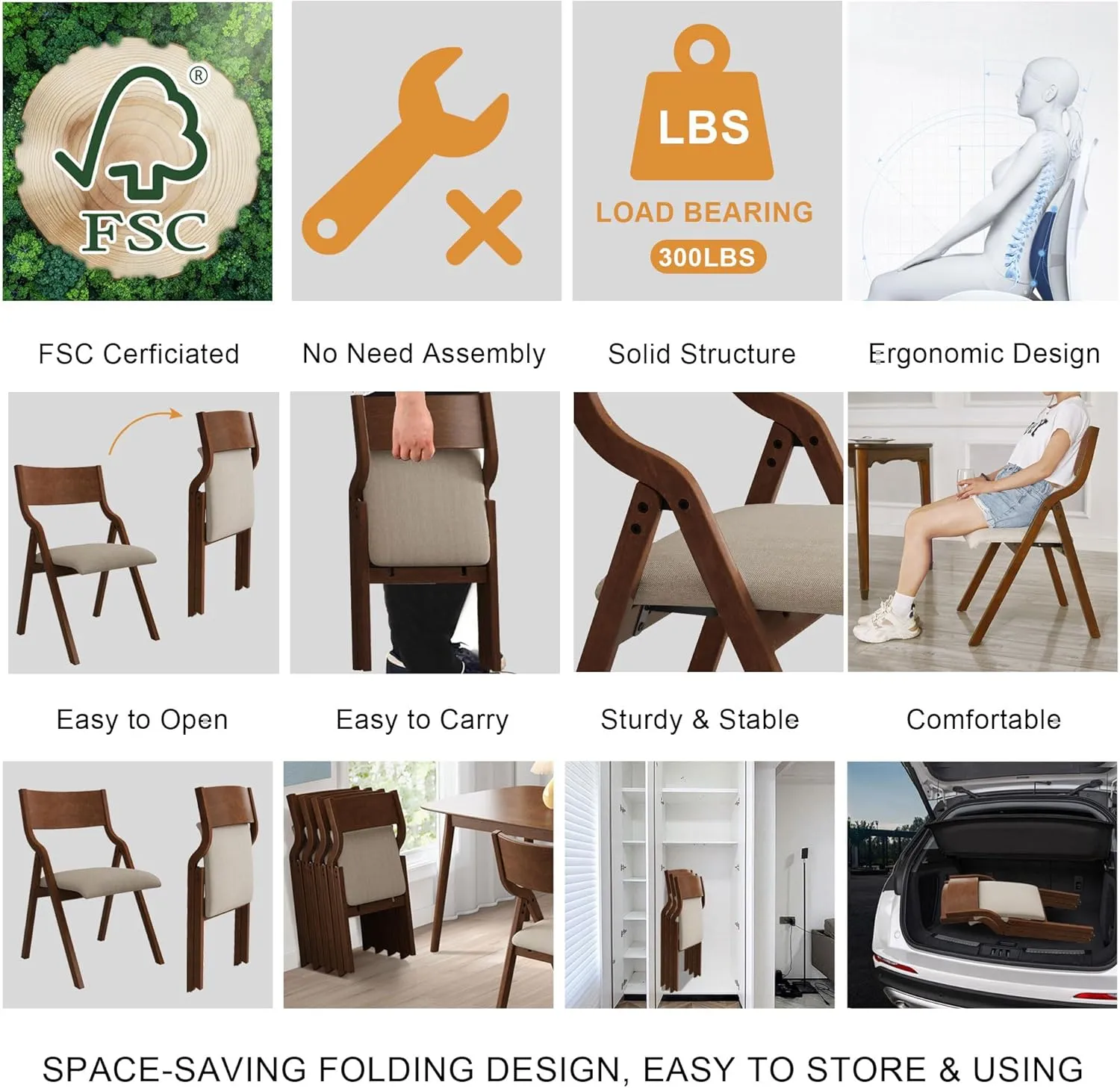 Ball & Cast Upholstered Folding Chairs Set of 2,with Padded Seat,Wooden Portable Dining Chairs W/Ergonomically Designed Back and Cushion,Easy Carry,No Need to Install,for Kitchen,Office,Walnut