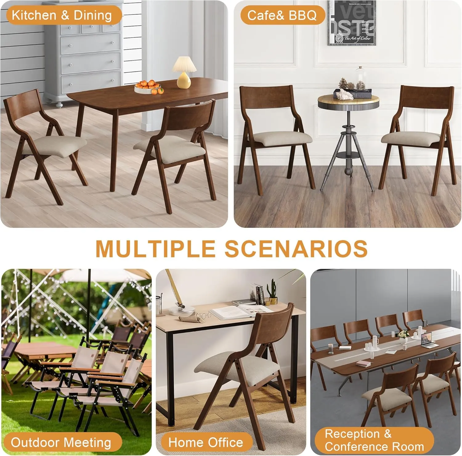 Ball & Cast Upholstered Folding Chairs Set of 2,with Padded Seat,Wooden Portable Dining Chairs W/Ergonomically Designed Back and Cushion,Easy Carry,No Need to Install,for Kitchen,Office,Walnut
