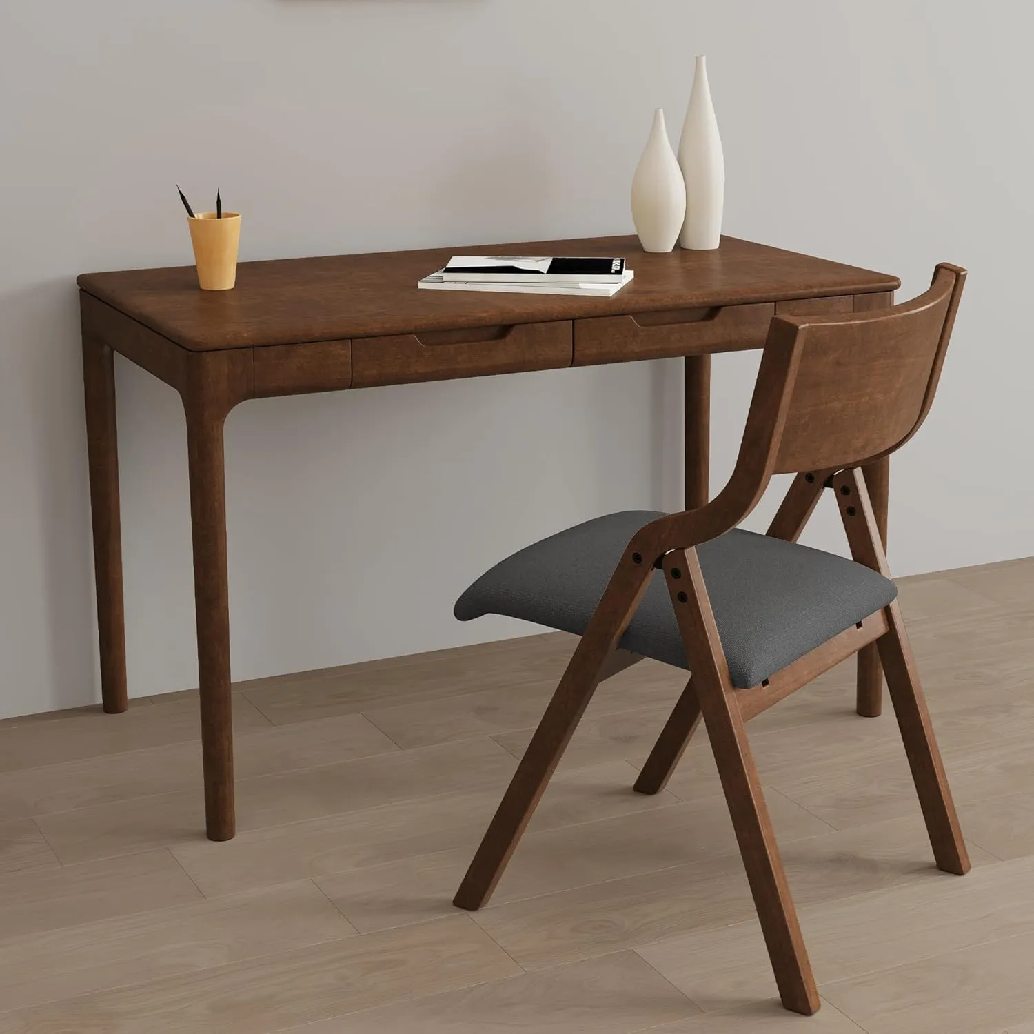 Ball & Cast Upholstered Folding Dining Chairs Set of 2, Foldable Wooden Chair 2-Pack, Portable Office-Chair for Kitchen Outdoor Activity, Easy Carry & Storage, Walnut Grey