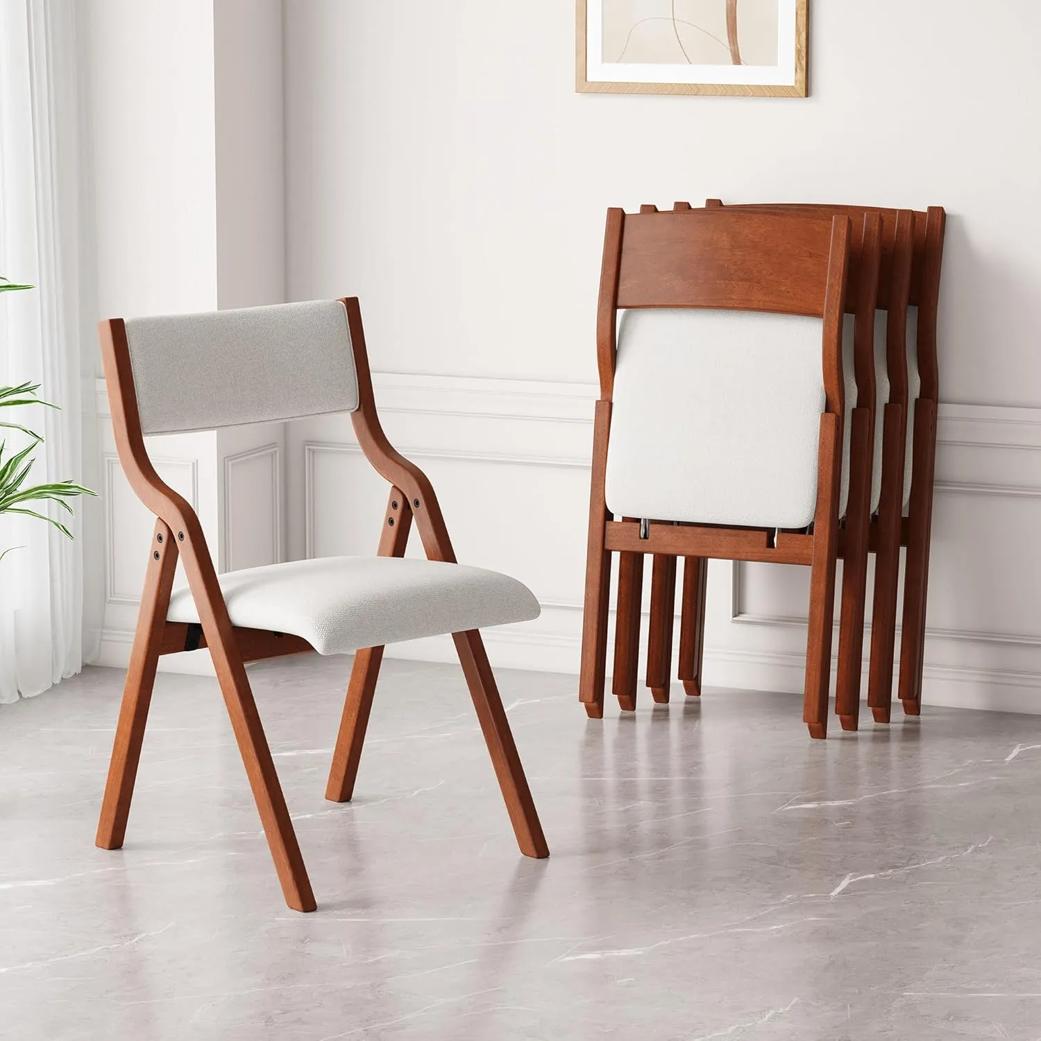 Ball & Cast Upholstered Folding Dining Chairs Set of 2, Foldable Wooden Chair 2-Pack, Portable Office Meeting-Chair for Kitchen Outdoor Activity, Easy Carry & Storage, Cherry Cream