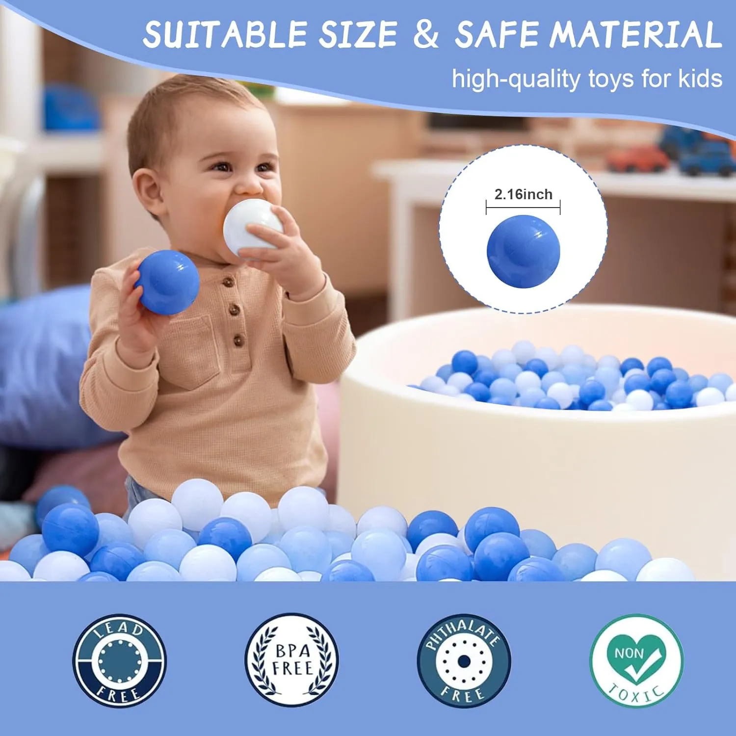 Ball Pit Balls 100 for Toddlers Crush Proof Plastic Balls for Ball Pit Phthalate Free BPA Free Colorful Pit Balls for Kids Babies Pool Play Tent Gift 2.2 Inches (Blue White Light Blue)