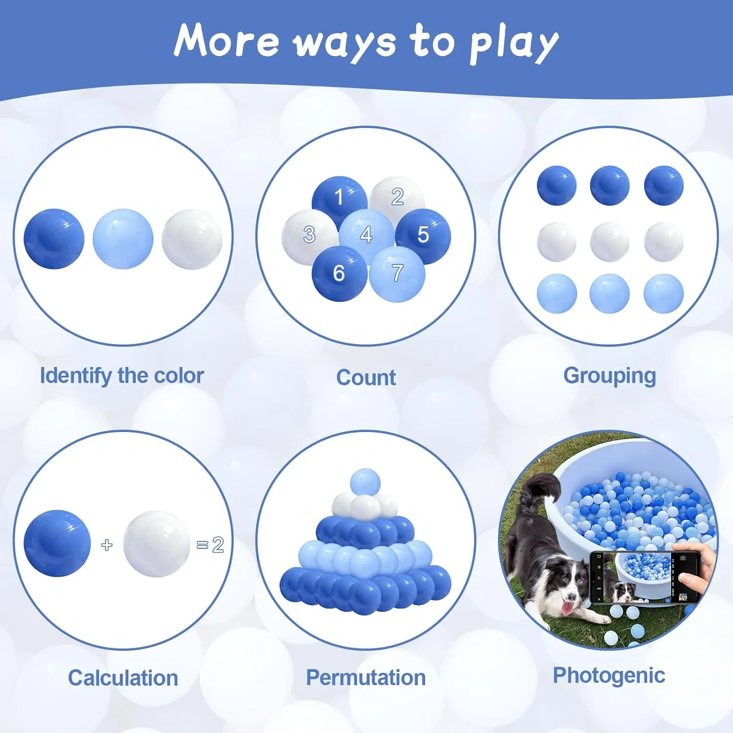 Ball Pit Balls 100 for Toddlers Crush Proof Plastic Balls for Ball Pit Phthalate Free BPA Free Colorful Pit Balls for Kids Babies Pool Play Tent Gift 2.2 Inches (Blue White Light Blue)