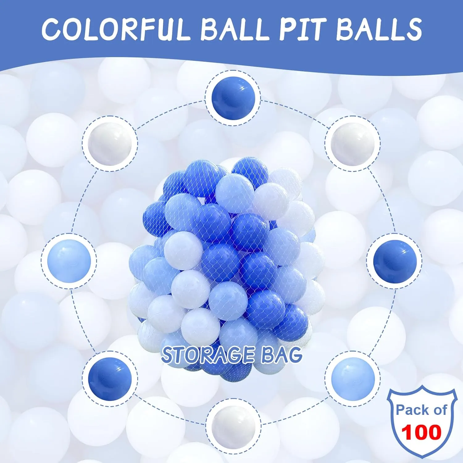 Ball Pit Balls 100 for Toddlers Crush Proof Plastic Balls for Ball Pit Phthalate Free BPA Free Colorful Pit Balls for Kids Babies Pool Play Tent Gift 2.2 Inches (Blue White Light Blue)