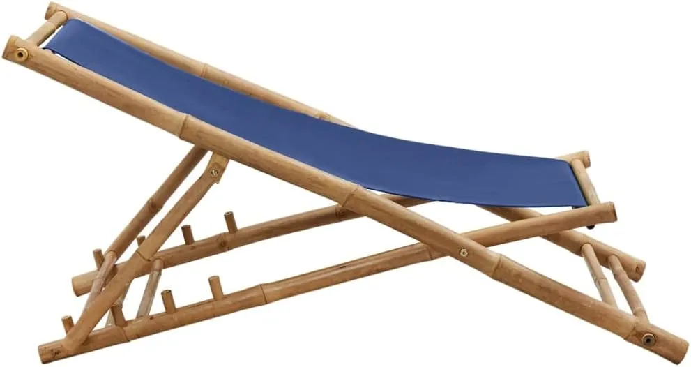 Bamboo and Canvas Deck Chair Navy Blue Adjustable Outdoor Lounge Furniture Patio Beach Furniture Foldable Camping Chair for Patio and Beach