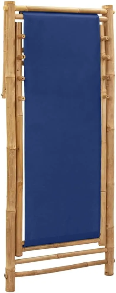 Bamboo and Canvas Deck Chair Navy Blue Adjustable Outdoor Lounge Furniture Patio Beach Furniture Foldable Camping Chair for Patio and Beach