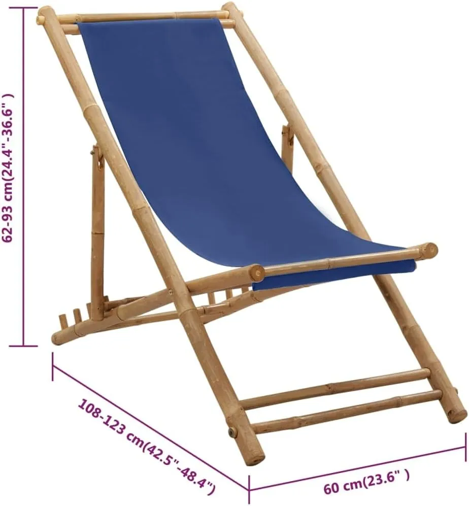 Bamboo and Canvas Deck Chair Navy Blue Adjustable Outdoor Lounge Furniture Patio Beach Furniture Foldable Camping Chair for Patio and Beach
