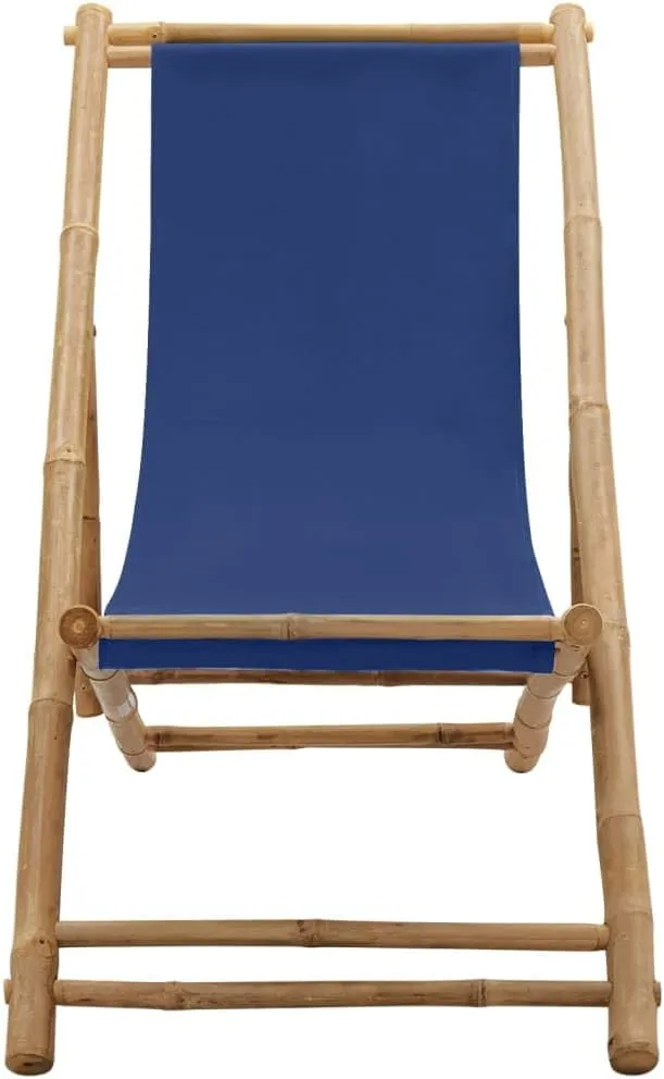 Bamboo and Canvas Deck Chair Navy Blue Adjustable Outdoor Lounge Furniture Patio Beach Furniture Foldable Camping Chair for Patio and Beach