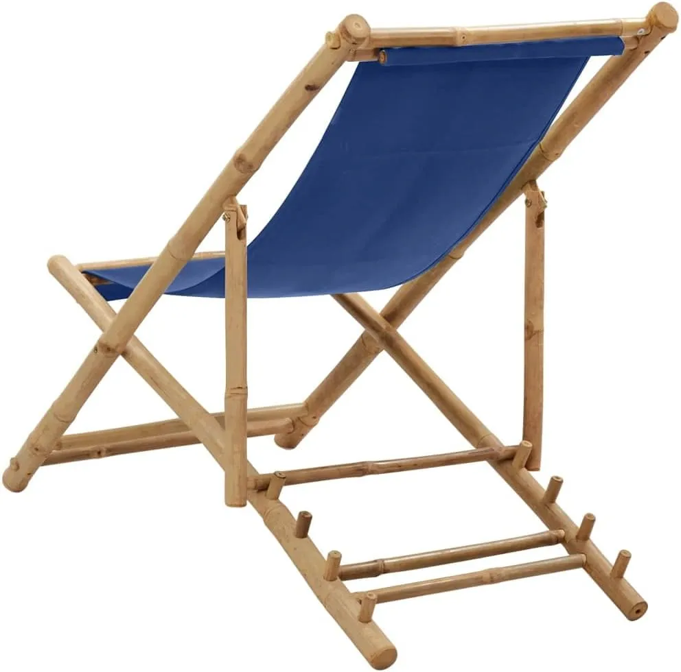 Bamboo and Canvas Deck Chair Navy Blue Adjustable Outdoor Lounge Furniture Patio Beach Furniture Foldable Camping Chair for Patio and Beach