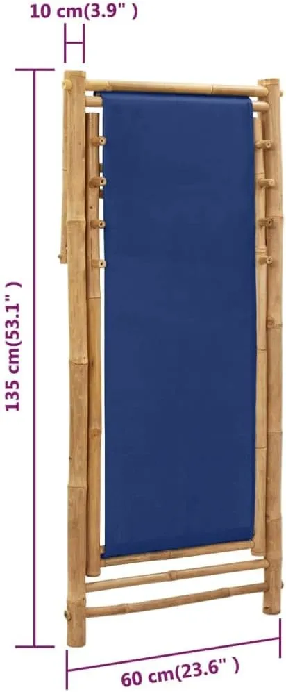 Bamboo and Canvas Deck Chair Navy Blue Adjustable Outdoor Lounge Furniture Patio Beach Furniture Foldable Camping Chair for Patio and Beach