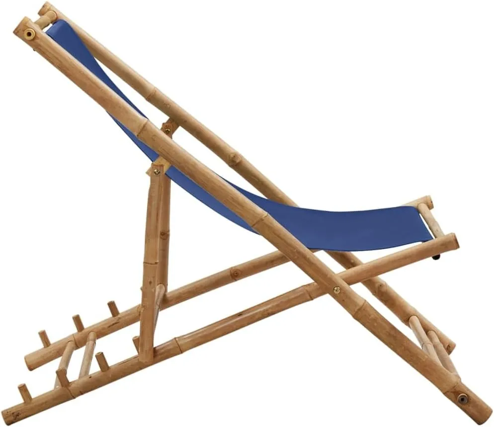 Bamboo and Canvas Deck Chair Navy Blue Adjustable Outdoor Lounge Furniture Patio Beach Furniture Foldable Camping Chair for Patio and Beach