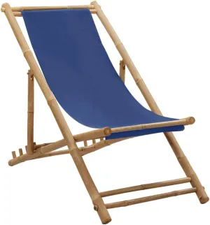Bamboo and Canvas Deck Chair Navy Blue Adjustable Outdoor Lounge Furniture Patio Beach Furniture Foldable Camping Chair for Patio and Beach