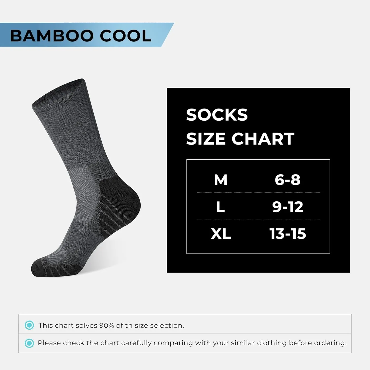 BAMBOO COOL Men's Crew Socks Athletic Running Sports Socks, Cushioned Moisture Wicking, Breathable Arch Support 6 Pack