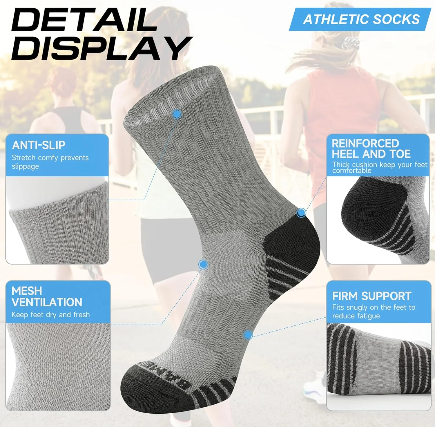BAMBOO COOL Womens Crew Socks Athletic Running Sports, Cushioned Moisture Wicking, Breathable Arch Support For Ladies, 6 Pack