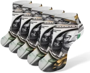Banknote Patterns Ankle Socks for Men & Women, 5 Pairs Breathable Soft Low Cut Socks, Stretch Sweat Wicking Sox