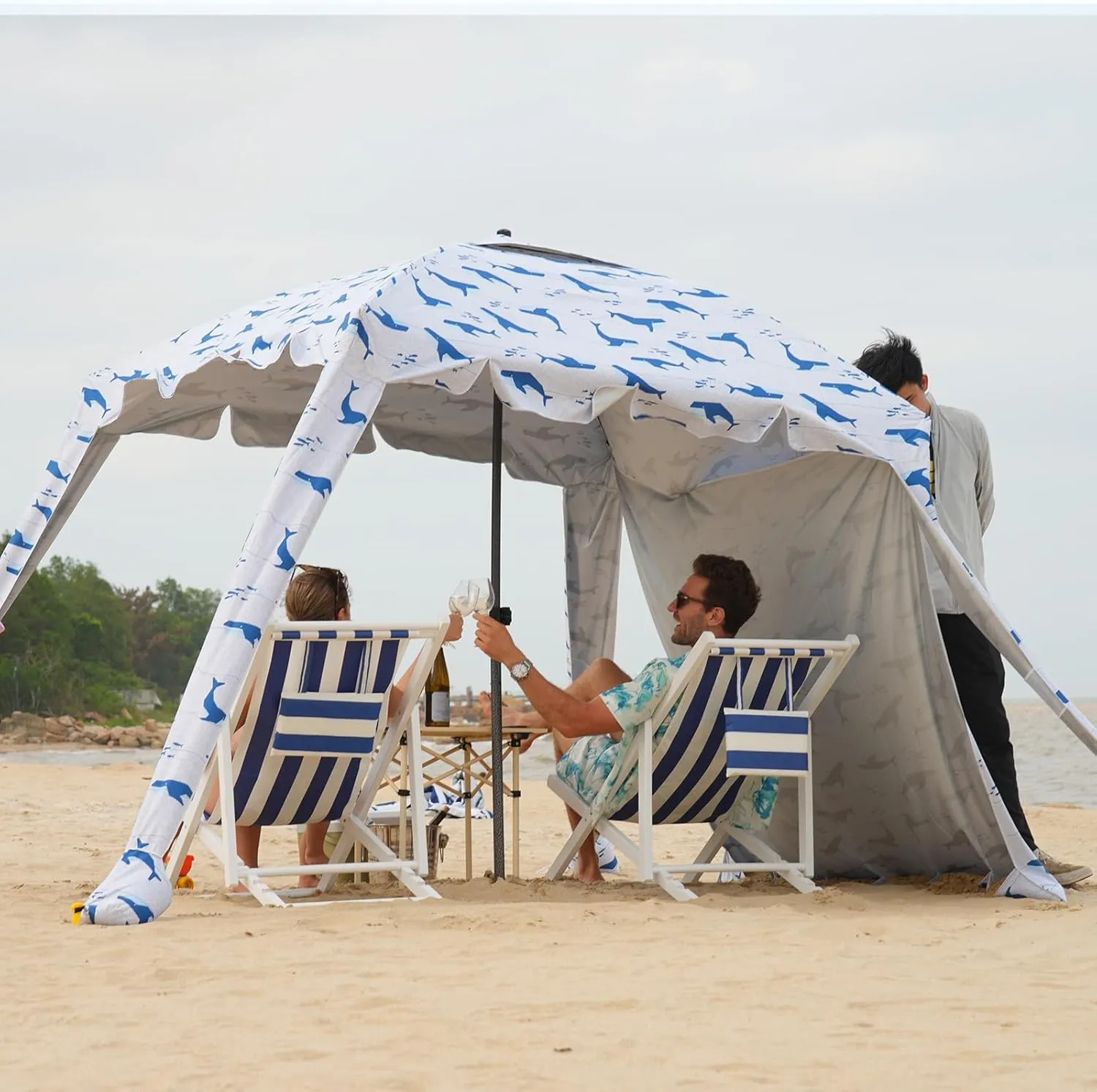 Beach Cabana - 6FT Beach Umbrella with UPF 100  UV Protection & Sunshade Curtain - Waterproof Tent - Portable Shade, Easy to Set Up, Perfect for Family & Friends, Blue Whale