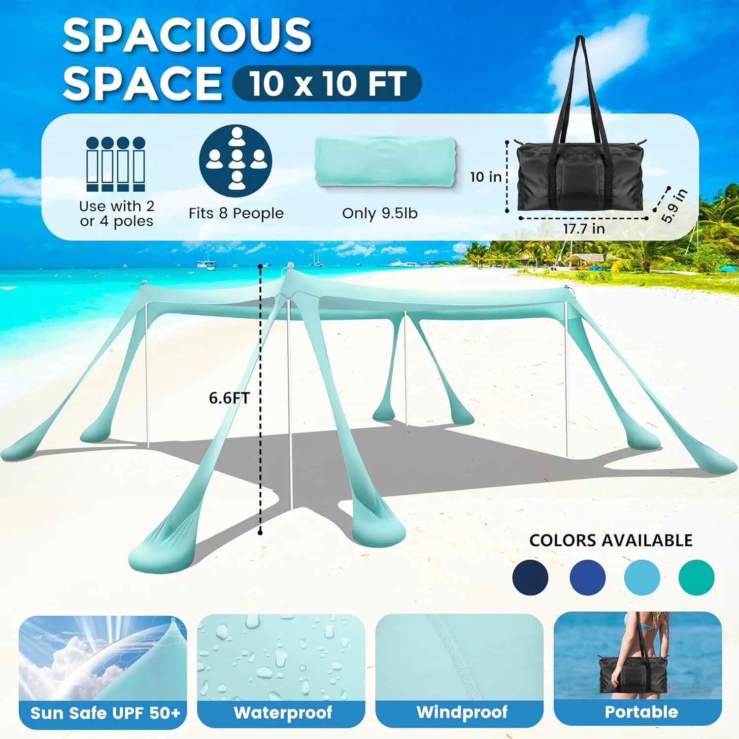 Beach Canopy Beach Tent Pop Up Shade 10x10ft Sun Shelter UPF50  with 8 Sandbags-2 Sand Shovel-4 Aluminum Poles-Ground Pegs-Portable Carrying Bag for Outdoor Family Camping Fishing Yard Picnic