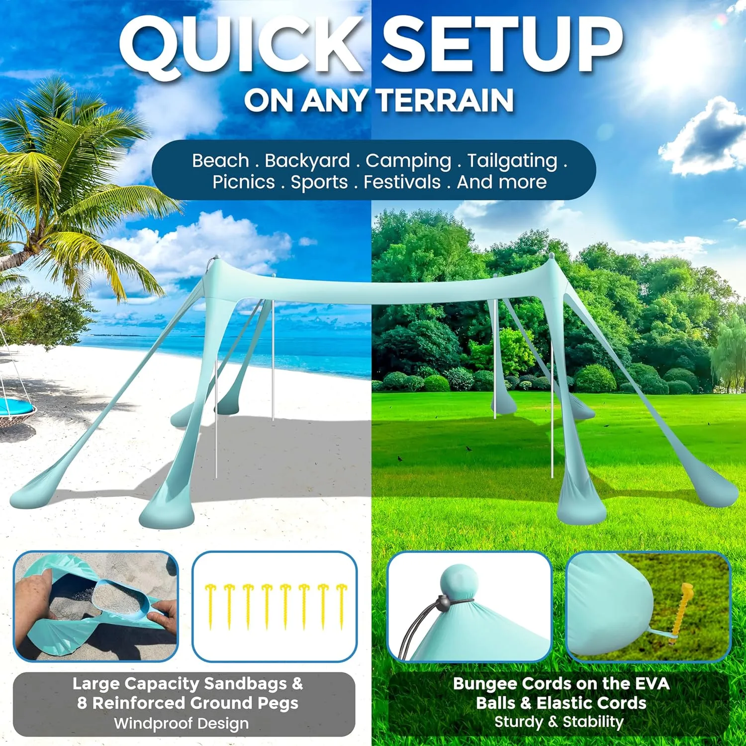 Beach Canopy Beach Tent Pop Up Shade 10x10ft Sun Shelter UPF50  with 8 Sandbags-2 Sand Shovel-4 Aluminum Poles-Ground Pegs-Portable Carrying Bag for Outdoor Family Camping Fishing Yard Picnic
