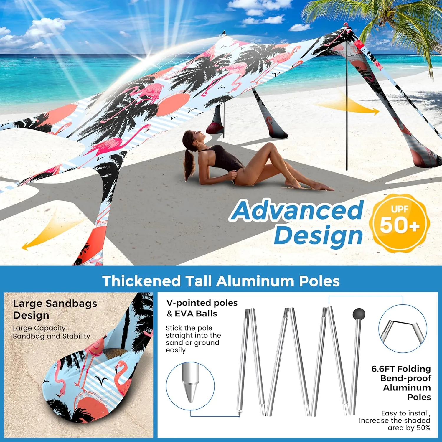 Beach Canopy Beach Tent Pop Up Shade 10x10ft Sun Shelter UPF50  with 8 Sandbags-2 Sand Shovel-4 Aluminum Poles-Ground Pegs-Portable Carrying Bag for Outdoor Family Camping Fishing Yard Picnic