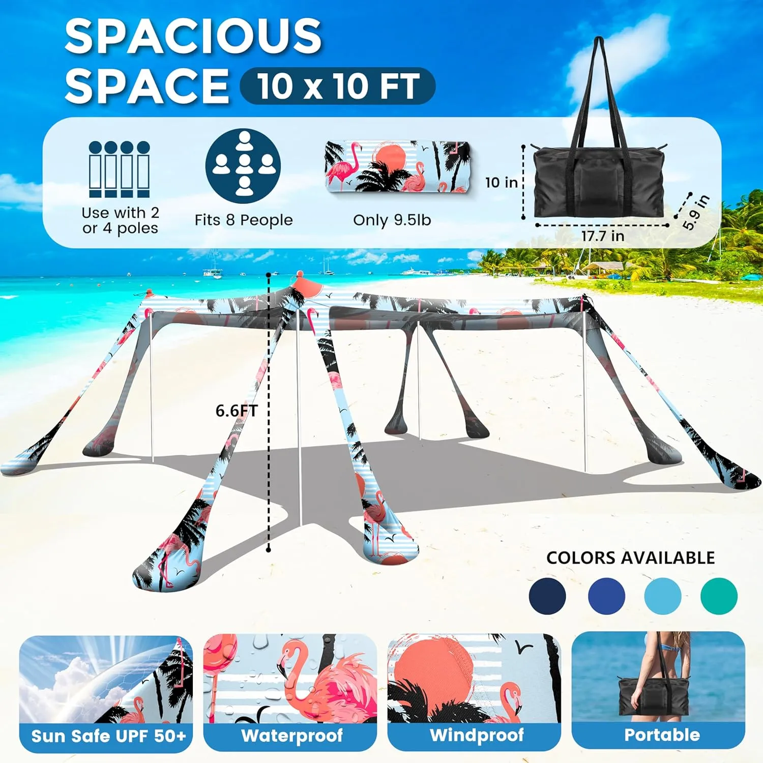Beach Canopy Beach Tent Pop Up Shade 10x10ft Sun Shelter UPF50  with 8 Sandbags-2 Sand Shovel-4 Aluminum Poles-Ground Pegs-Portable Carrying Bag for Outdoor Family Camping Fishing Yard Picnic