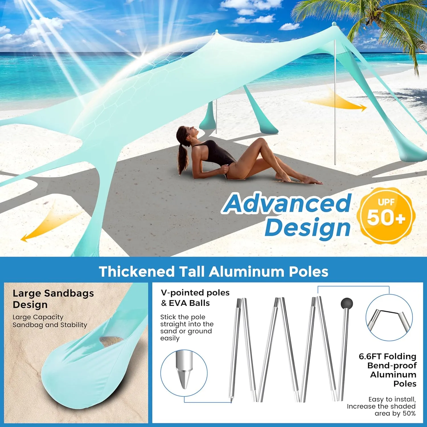 Beach Canopy Beach Tent Pop Up Shade 10x10ft Sun Shelter UPF50  with 8 Sandbags-2 Sand Shovel-4 Aluminum Poles-Ground Pegs-Portable Carrying Bag for Outdoor Family Camping Fishing Yard Picnic