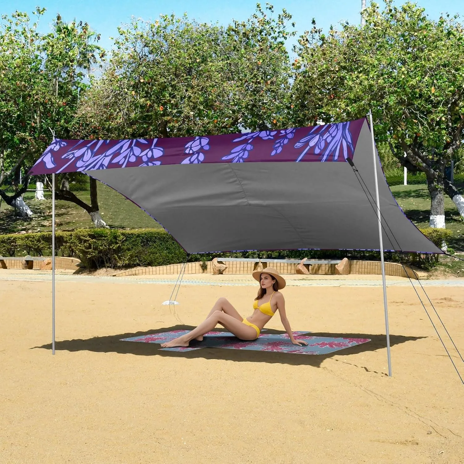Beach Canopy Tent Lavender Vines Purple Leaves Outdoor Sun Shade Patio 9.2 × 10.5 FT Floral Portable Camping Shelter Canopies with Anchor Poles Easy up