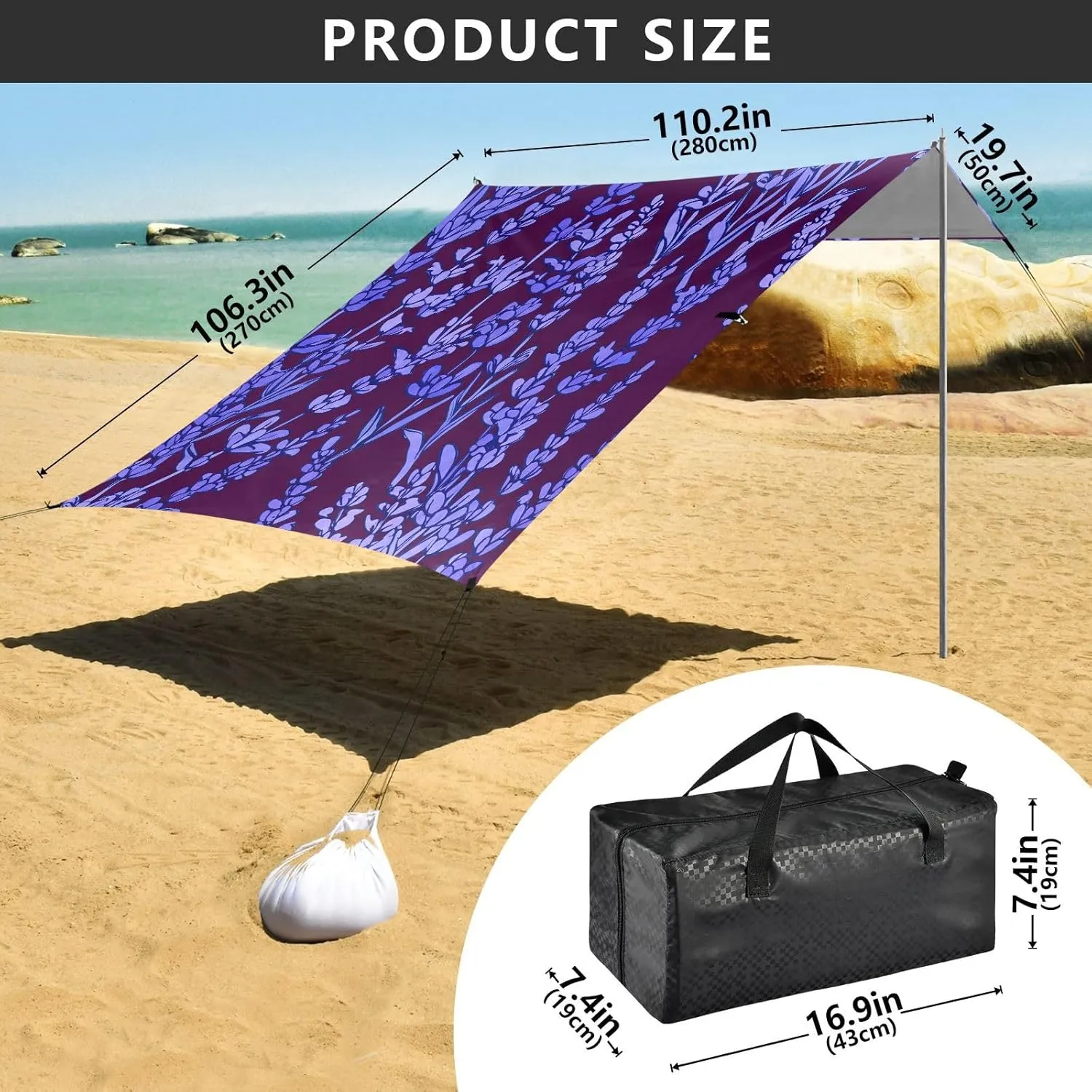 Beach Canopy Tent Lavender Vines Purple Leaves Outdoor Sun Shade Patio 9.2 × 10.5 FT Floral Portable Camping Shelter Canopies with Anchor Poles Easy up