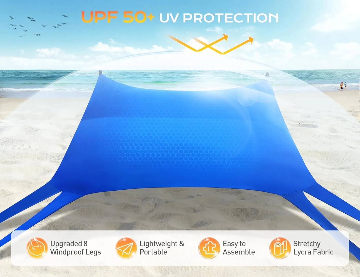 Beach Tent, Beach Canopy UPF50  UV Protection, 10x10ft Beach Shade Sun Shelter with 8 Sandbags, Sand Shovels, Ground Pegs, Stability Poles for Camping, Fishing, Picnics, Backyard Fun, Royal Blue