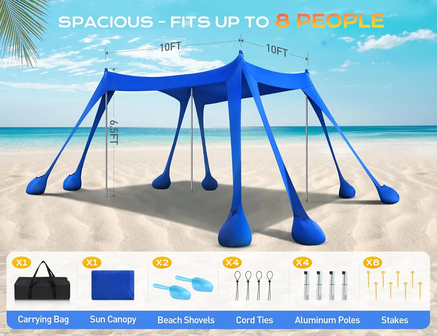 Beach Tent, Beach Canopy UPF50  UV Protection, 10x10ft Beach Shade Sun Shelter with 8 Sandbags, Sand Shovels, Ground Pegs, Stability Poles for Camping, Fishing, Picnics, Backyard Fun, Royal Blue