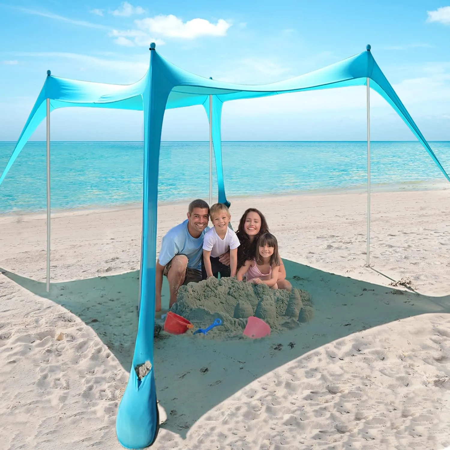 Beach Tent - Beach Shade UPF 50  UV Protection, 9.8 x 9.8 FT, Anti-Wind with 4 Poles, 4 Windproof Ropes, 1 Portable Bag, Sun Shelter Perfect for Picnics