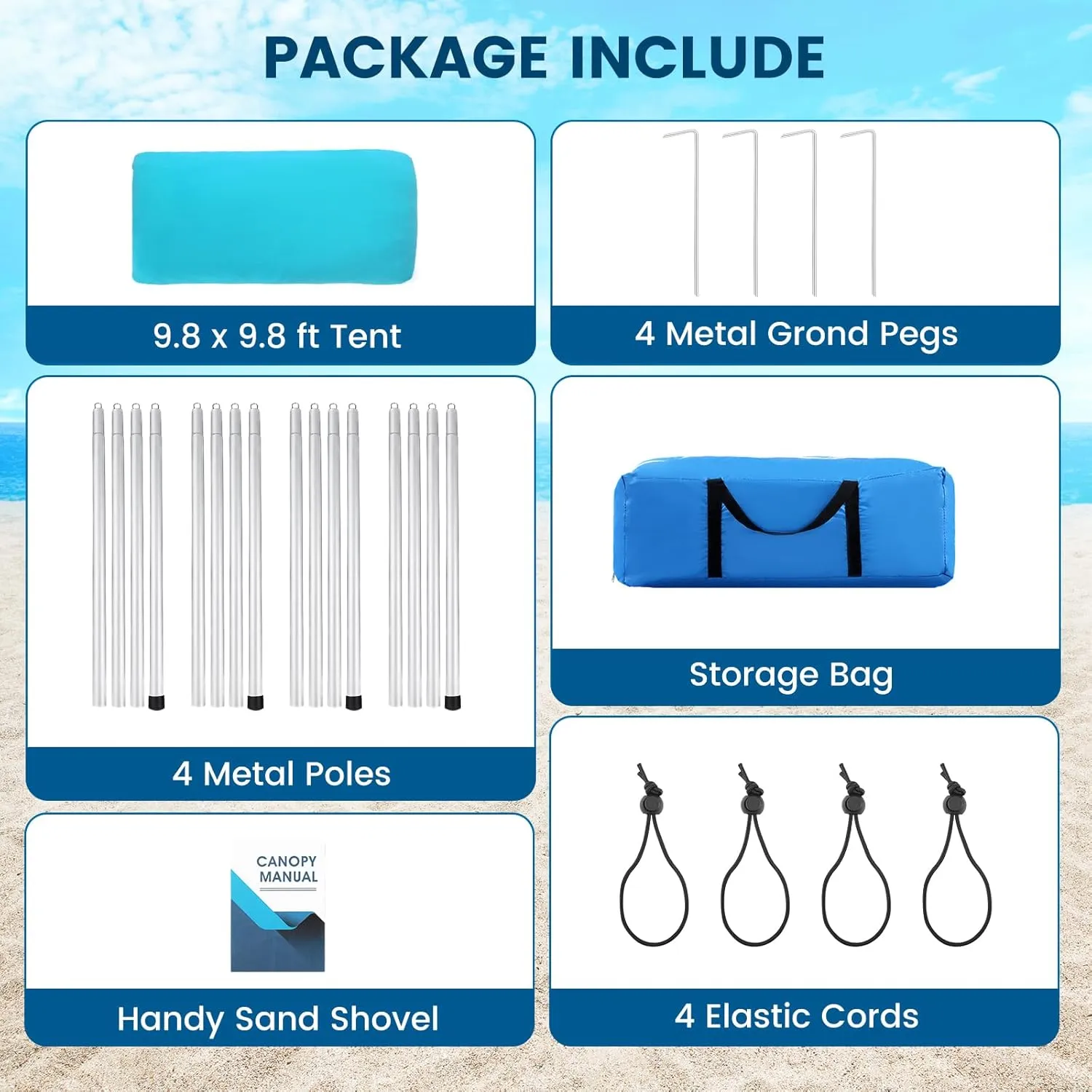 Beach Tent - Beach Shade UPF 50  UV Protection, 9.8 x 9.8 FT, Anti-Wind with 4 Poles, 4 Windproof Ropes, 1 Portable Bag, Sun Shelter Perfect for Picnics